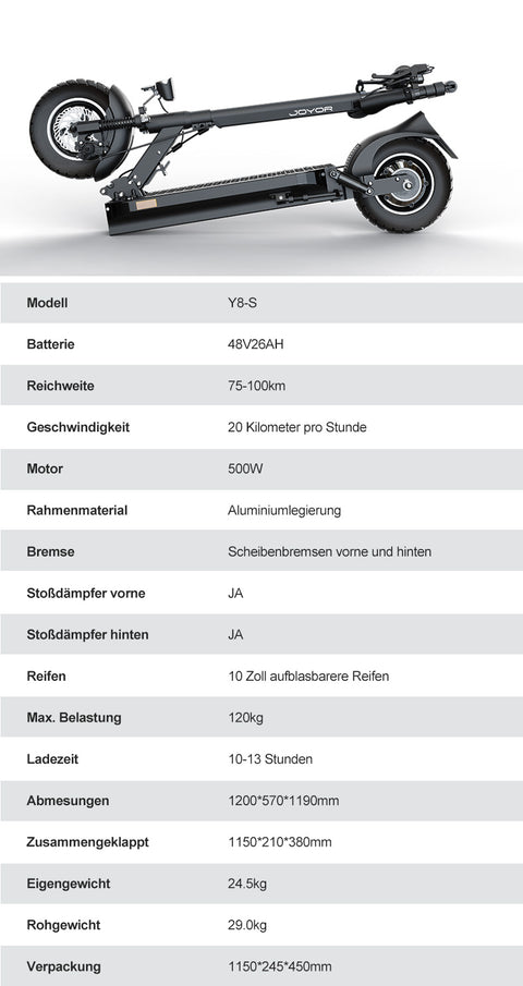JOYOR Y8-S electric scooter, 500W motor, maximum driving distance 100km, ABE